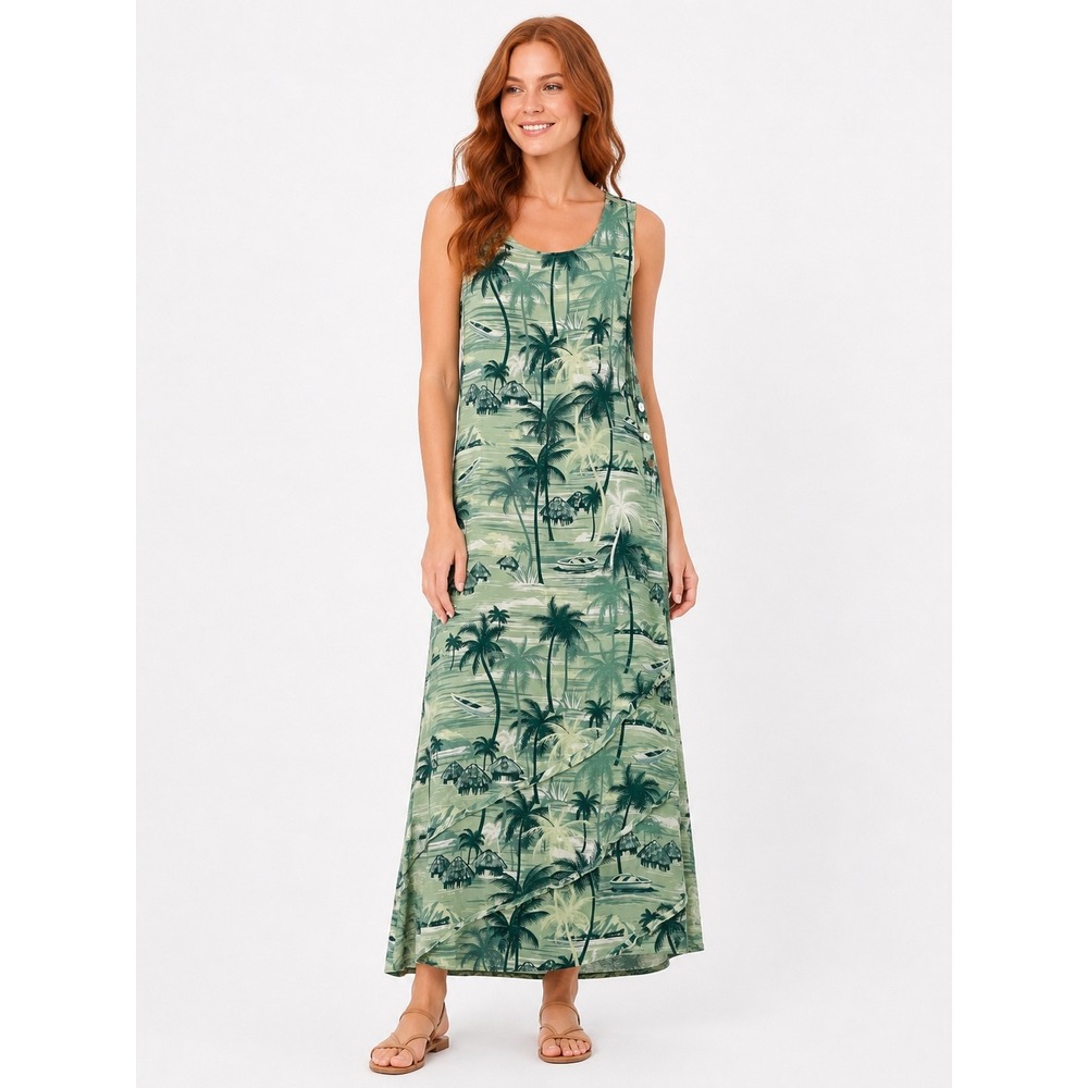 Weekend Clothes Line‎ Green Tropical Palm Tree Rayon Maxi Dress M Tropical Beach